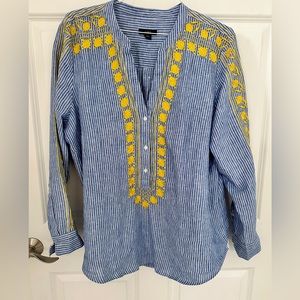 J Crew Embroidered Linen Tunic Top V Neck Long Sleeves XXL Striped Blue & Yellow